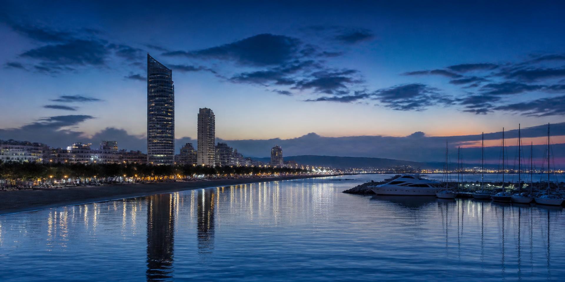 The Limassol waterfront and marina in Cyprus at dusk